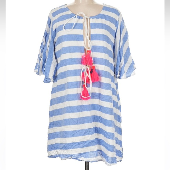 Sundress Dresses & Skirts - Striped Blue and White Mini Dress with Pink Accents